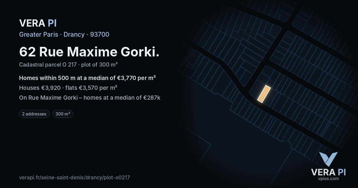 62 Rue Maxime Gorki, Drancy at night – the plot lit, the parcels around coloured by the prices near them