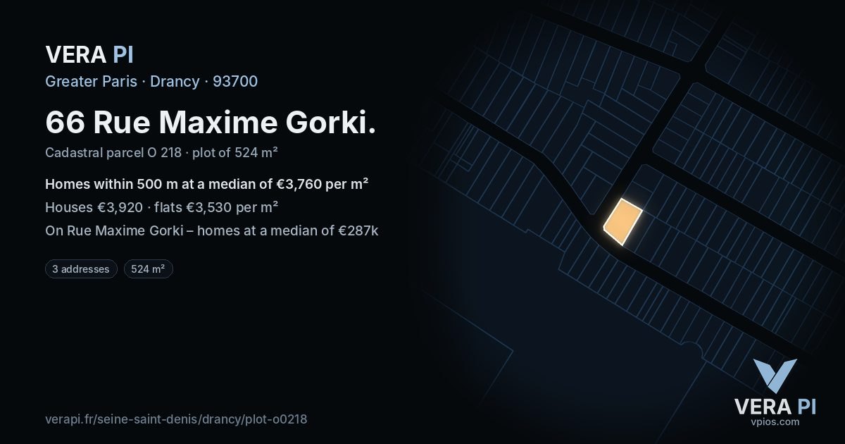 66 Rue Maxime Gorki, Drancy at night – the plot lit, the parcels around coloured by the prices near them
