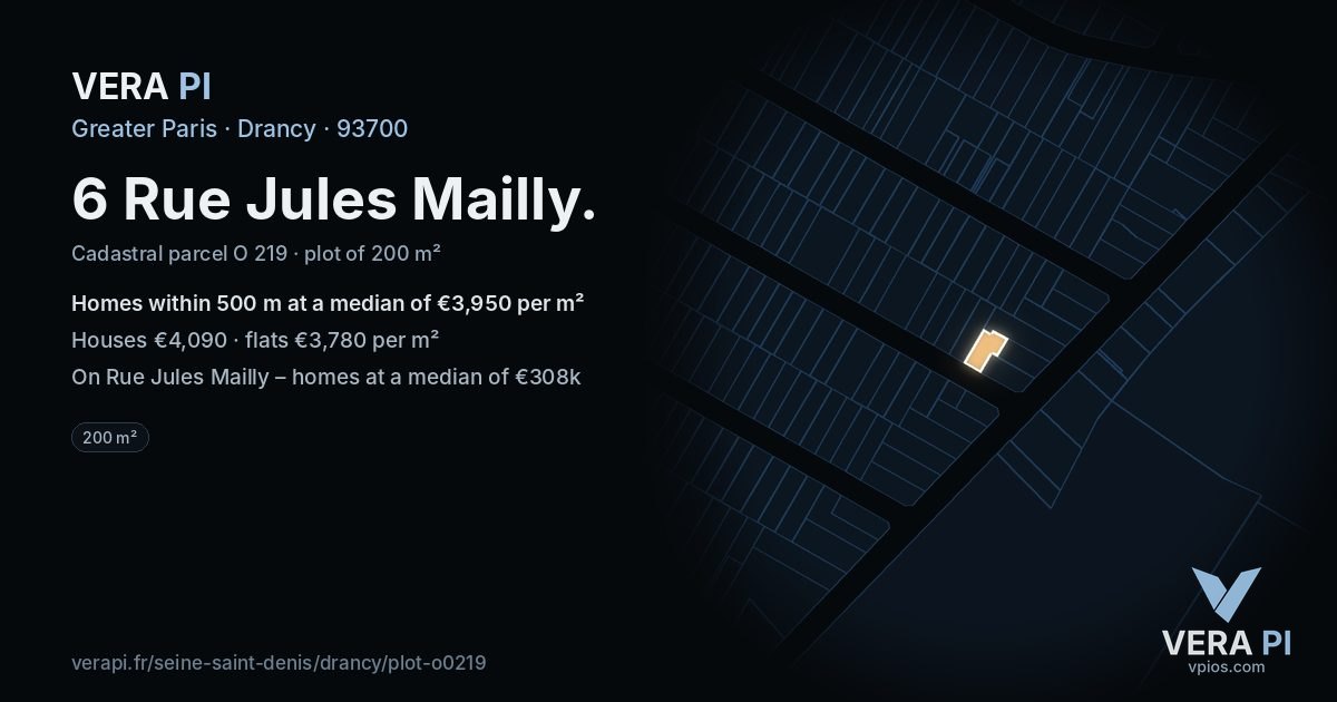 6 Rue Jules Mailly, Drancy at night – the plot lit, the parcels around coloured by the prices near them