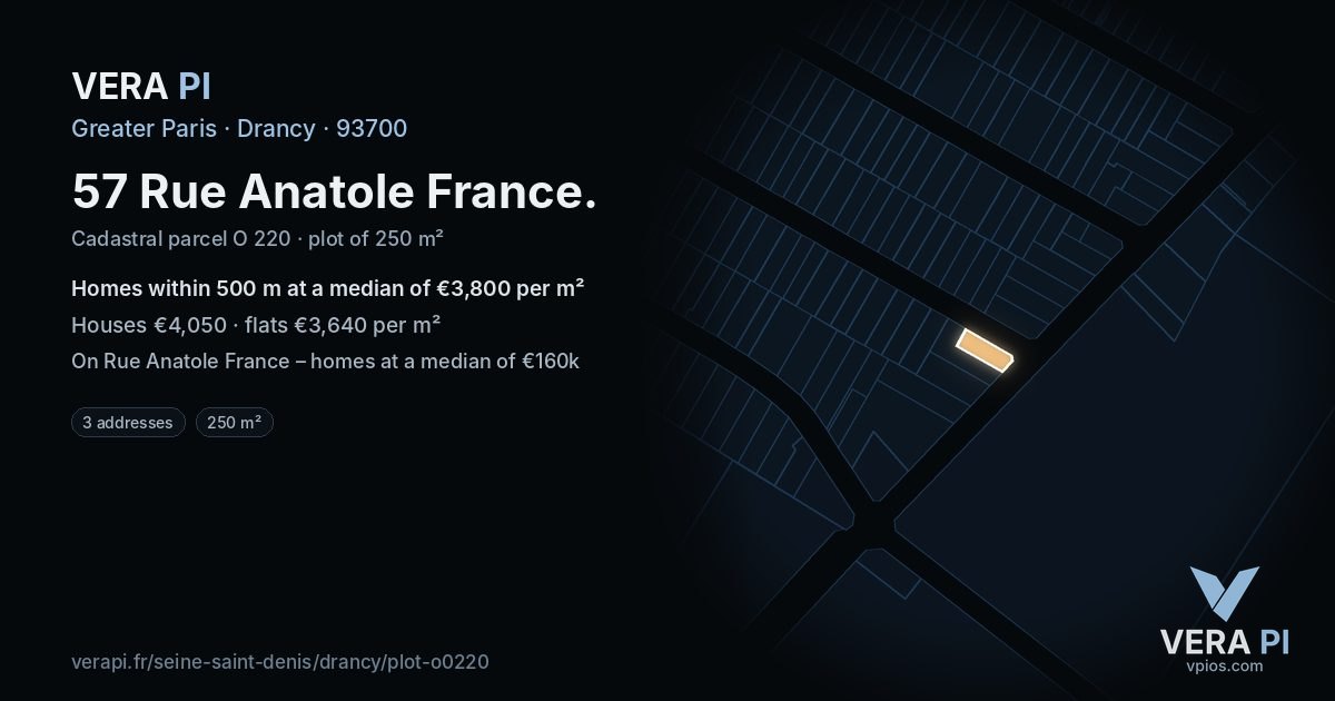 57 Rue Anatole France, Drancy at night – the plot lit, the parcels around coloured by the prices near them