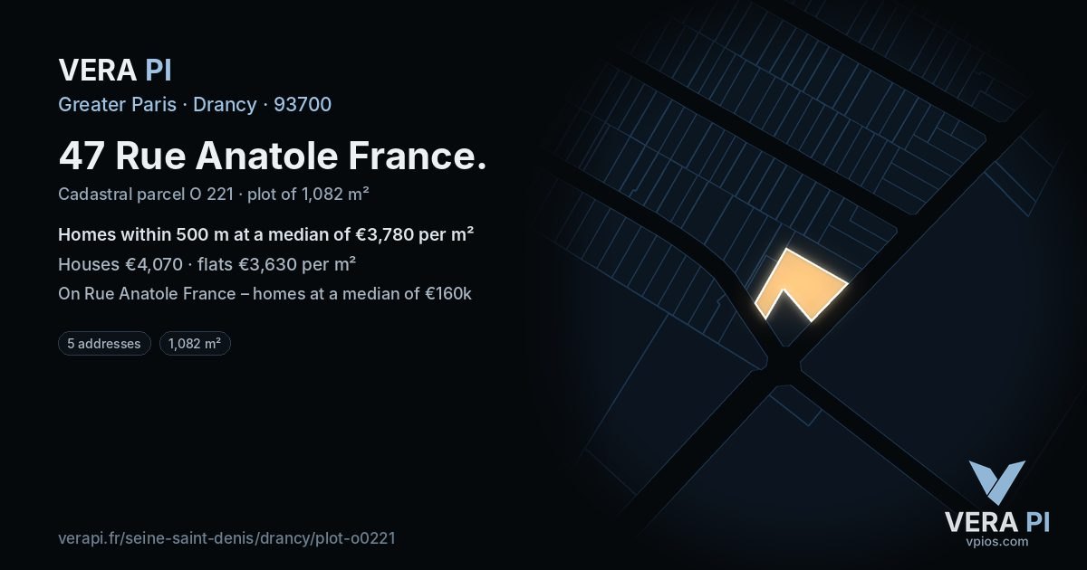 47 Rue Anatole France, Drancy at night – the plot lit, the parcels around coloured by the prices near them