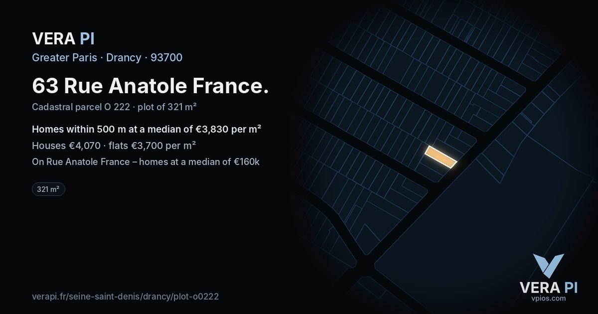 63 Rue Anatole France, Drancy at night – the plot lit, the parcels around coloured by the prices near them