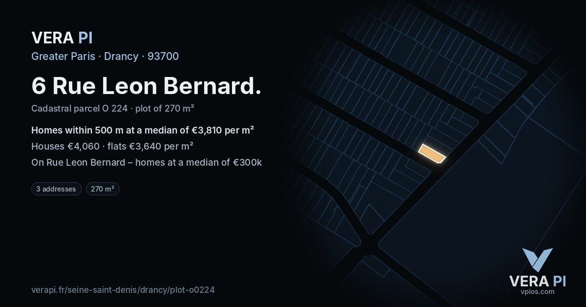 6 Rue Leon Bernard, Drancy at night – the plot lit, the parcels around coloured by the prices near them