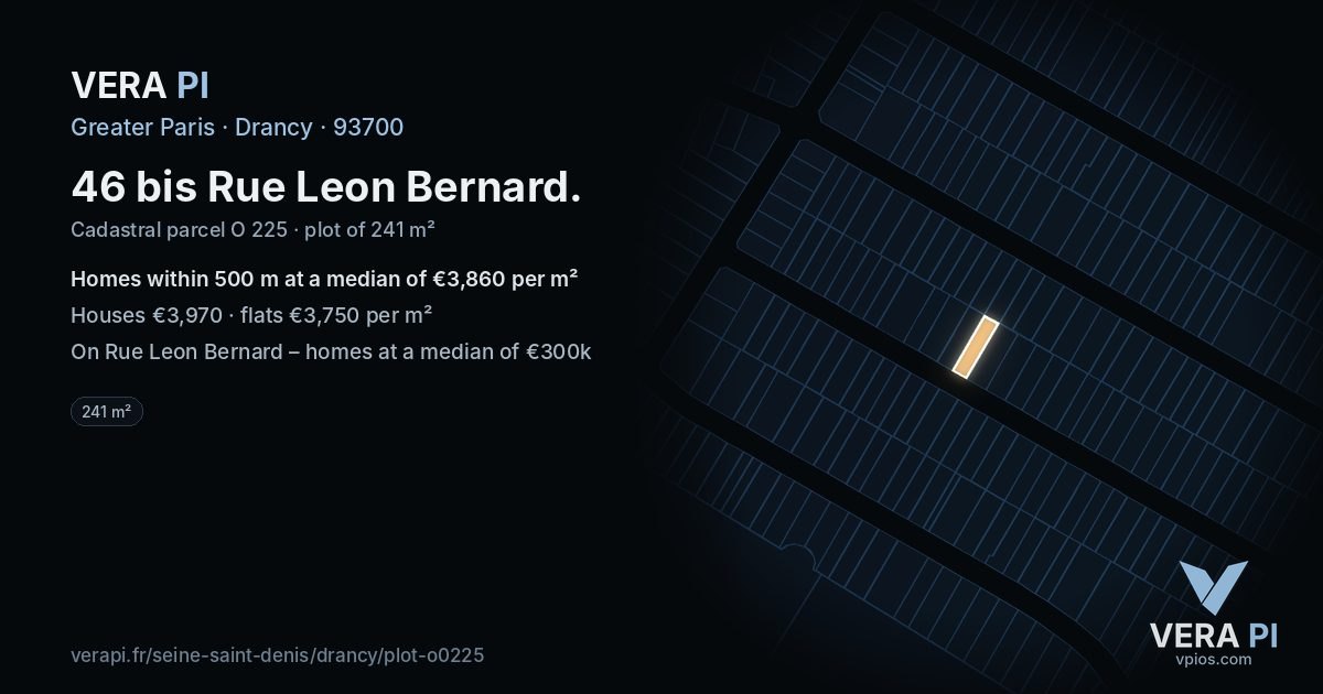 46 bis Rue Leon Bernard, Drancy at night – the plot lit, the parcels around coloured by the prices near them