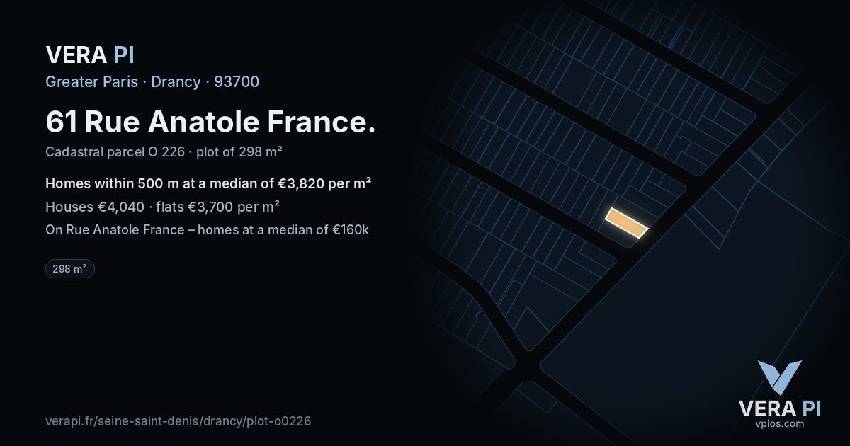 61 Rue Anatole France, Drancy at night – the plot lit, the parcels around coloured by the prices near them
