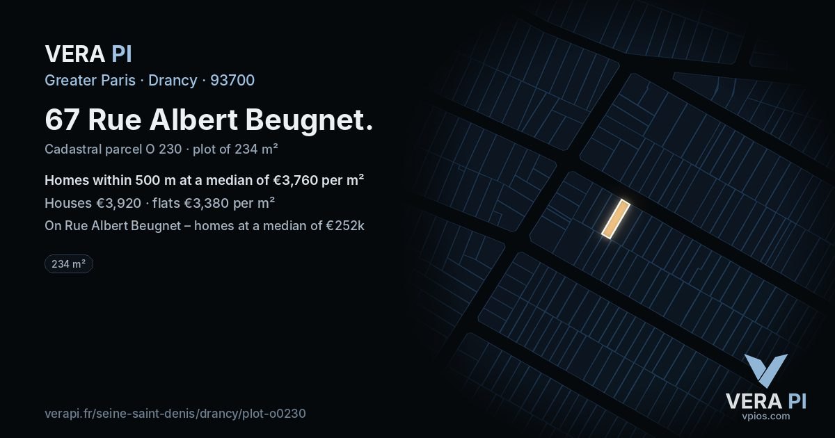 67 Rue Albert Beugnet, Drancy at night – the plot lit, the parcels around coloured by the prices near them