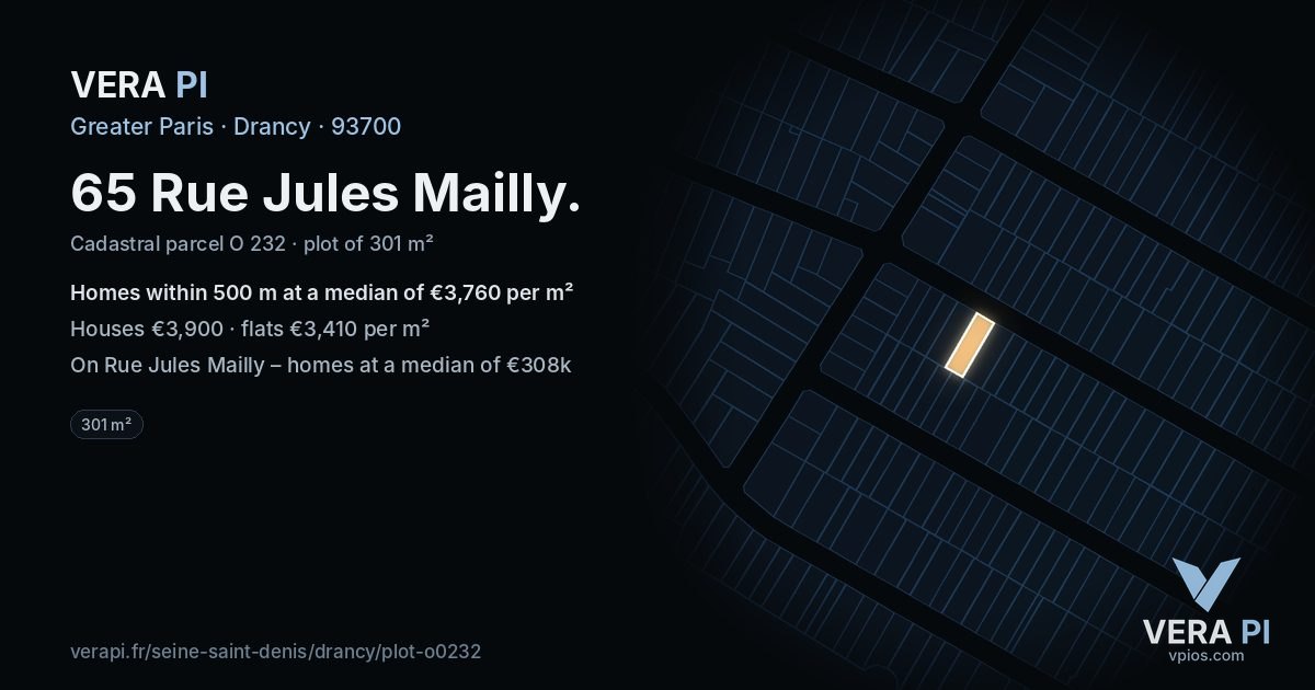 65 Rue Jules Mailly, Drancy at night – the plot lit, the parcels around coloured by the prices near them
