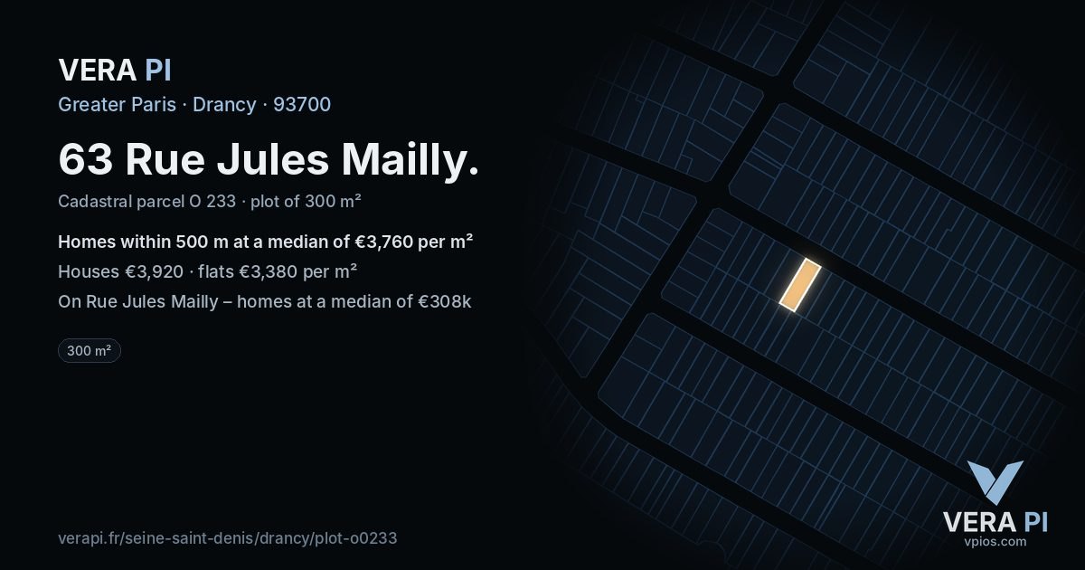 63 Rue Jules Mailly, Drancy at night – the plot lit, the parcels around coloured by the prices near them
