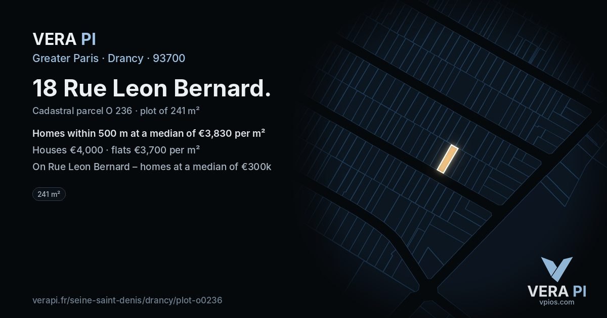 18 Rue Leon Bernard, Drancy at night – the plot lit, the parcels around coloured by the prices near them
