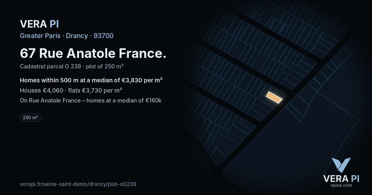 67 Rue Anatole France, Drancy at night – the plot lit, the parcels around coloured by the prices near them
