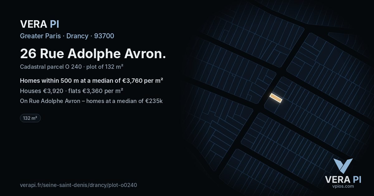 26 Rue Adolphe Avron, Drancy at night – the plot lit, the parcels around coloured by the prices near them