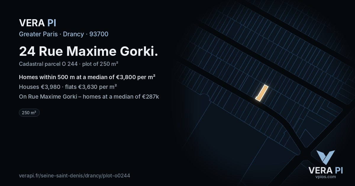24 Rue Maxime Gorki, Drancy at night – the plot lit, the parcels around coloured by the prices near them