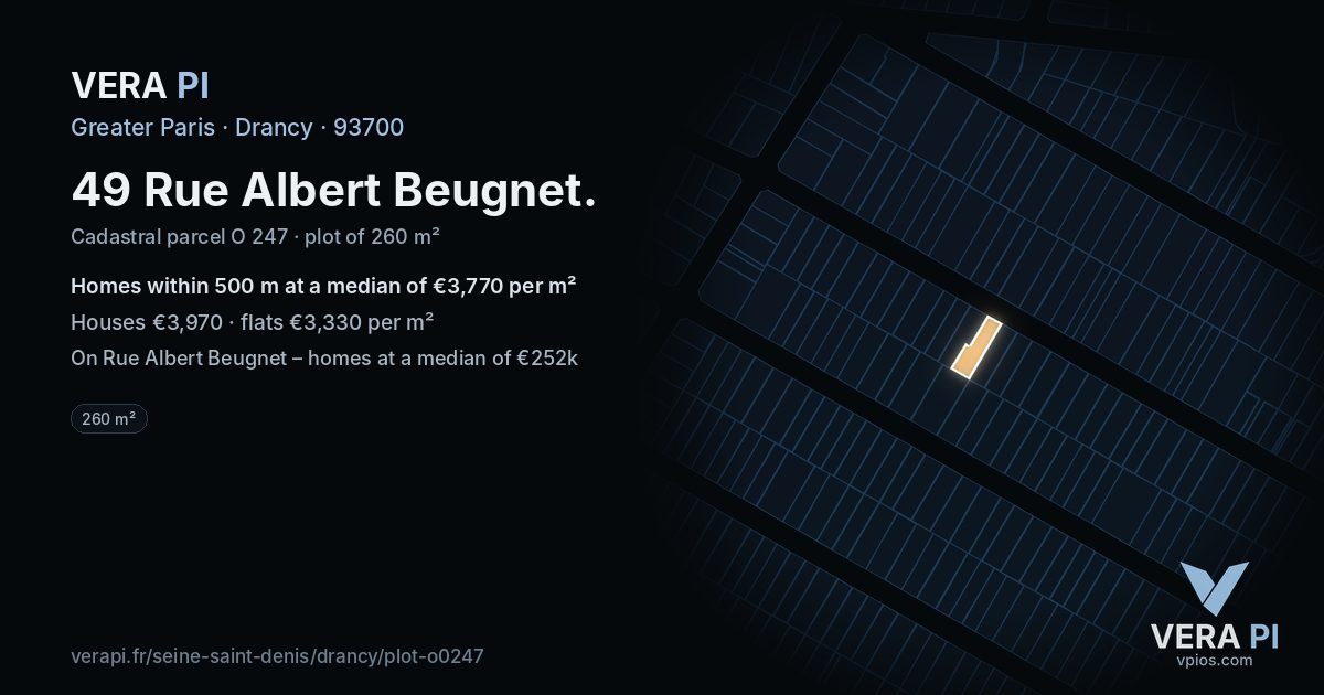 49 Rue Albert Beugnet, Drancy at night – the plot lit, the parcels around coloured by the prices near them