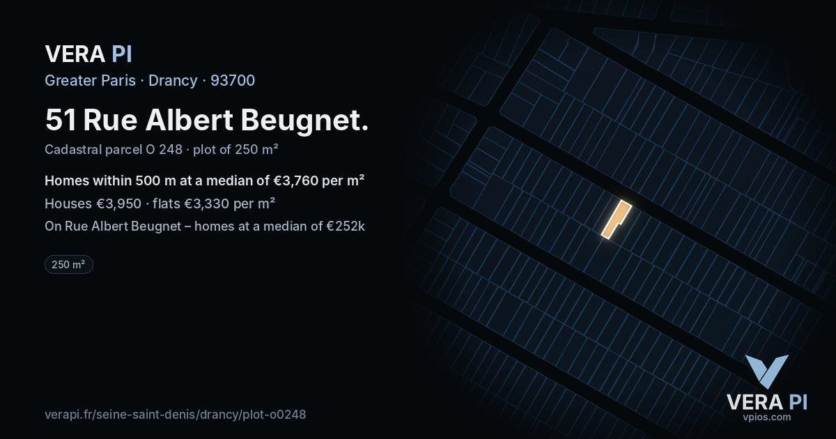 51 Rue Albert Beugnet, Drancy at night – the plot lit, the parcels around coloured by the prices near them
