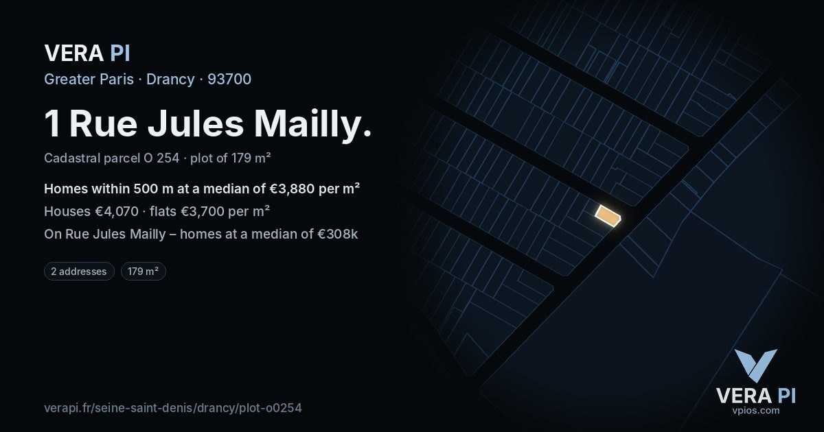 1 Rue Jules Mailly, Drancy at night – the plot lit, the parcels around coloured by the prices near them
