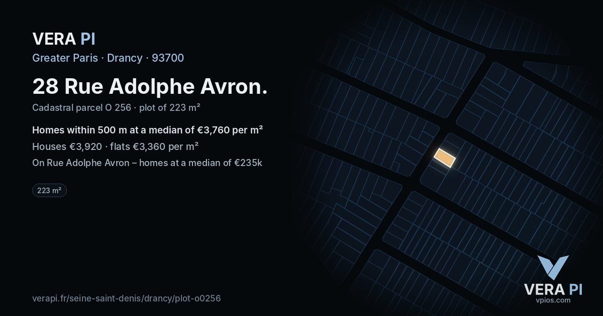 28 Rue Adolphe Avron, Drancy at night – the plot lit, the parcels around coloured by the prices near them