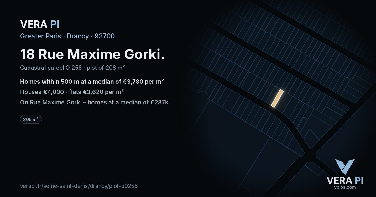 18 Rue Maxime Gorki, Drancy at night – the plot lit, the parcels around coloured by the prices near them