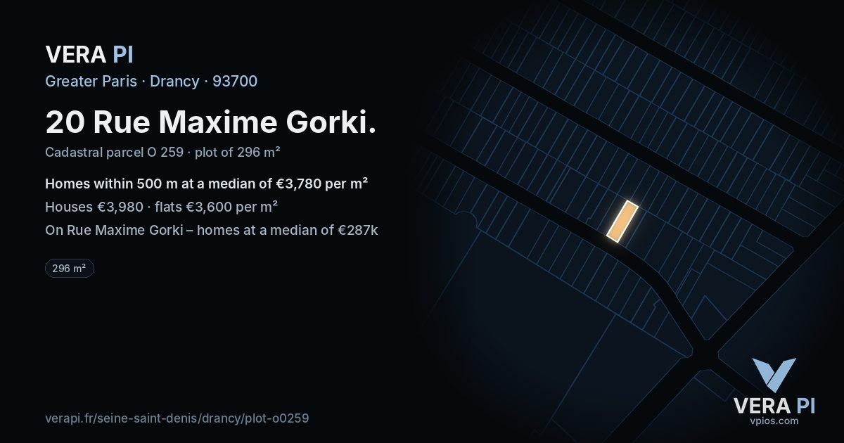 20 Rue Maxime Gorki, Drancy at night – the plot lit, the parcels around coloured by the prices near them