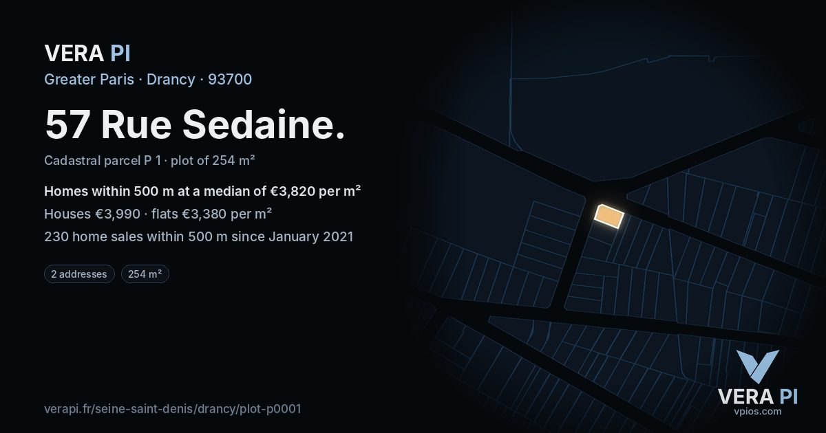57 Rue Sedaine, Drancy at night – the plot lit, the parcels around coloured by the prices near them