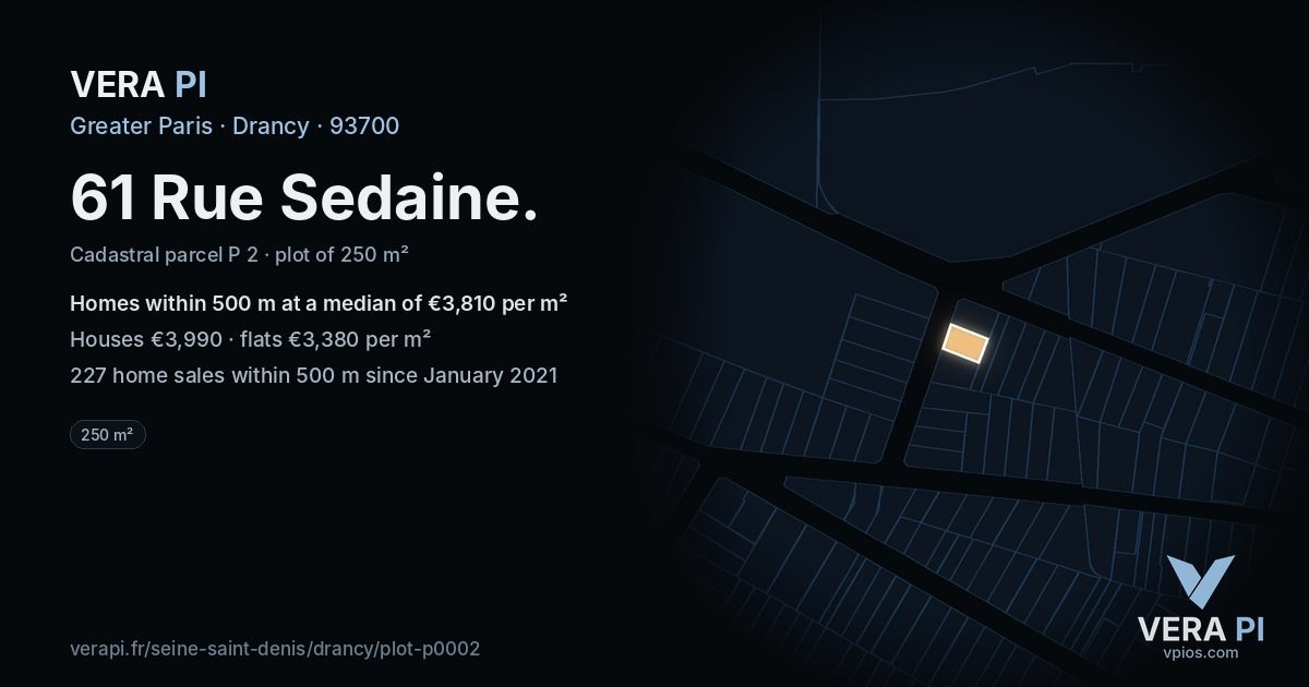 61 Rue Sedaine, Drancy at night – the plot lit, the parcels around coloured by the prices near them