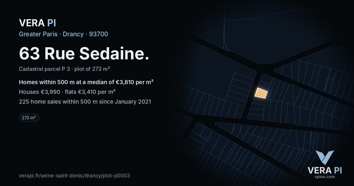 63 Rue Sedaine, Drancy at night – the plot lit, the parcels around coloured by the prices near them