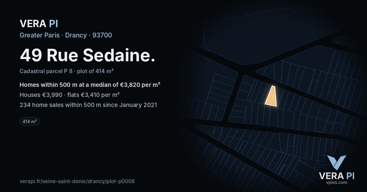 49 Rue Sedaine, Drancy at night – the plot lit, the parcels around coloured by the prices near them