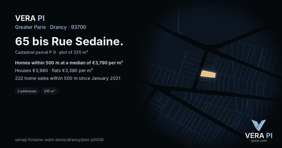 65 bis Rue Sedaine, Drancy at night – the plot lit, the parcels around coloured by the prices near them
