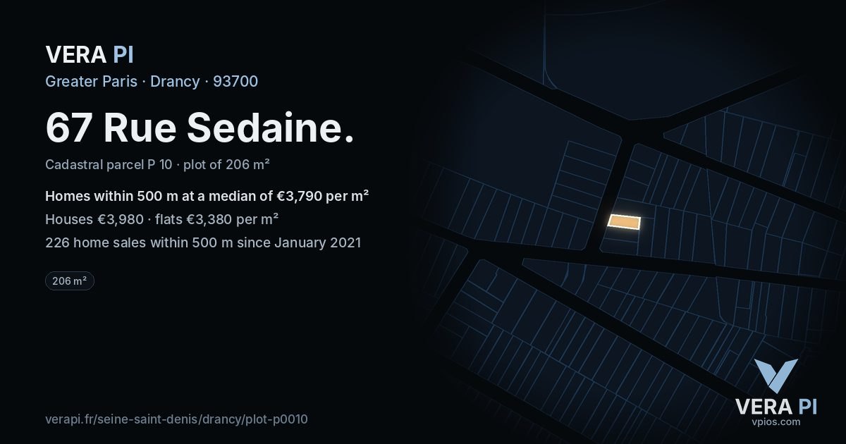 67 Rue Sedaine, Drancy at night – the plot lit, the parcels around coloured by the prices near them