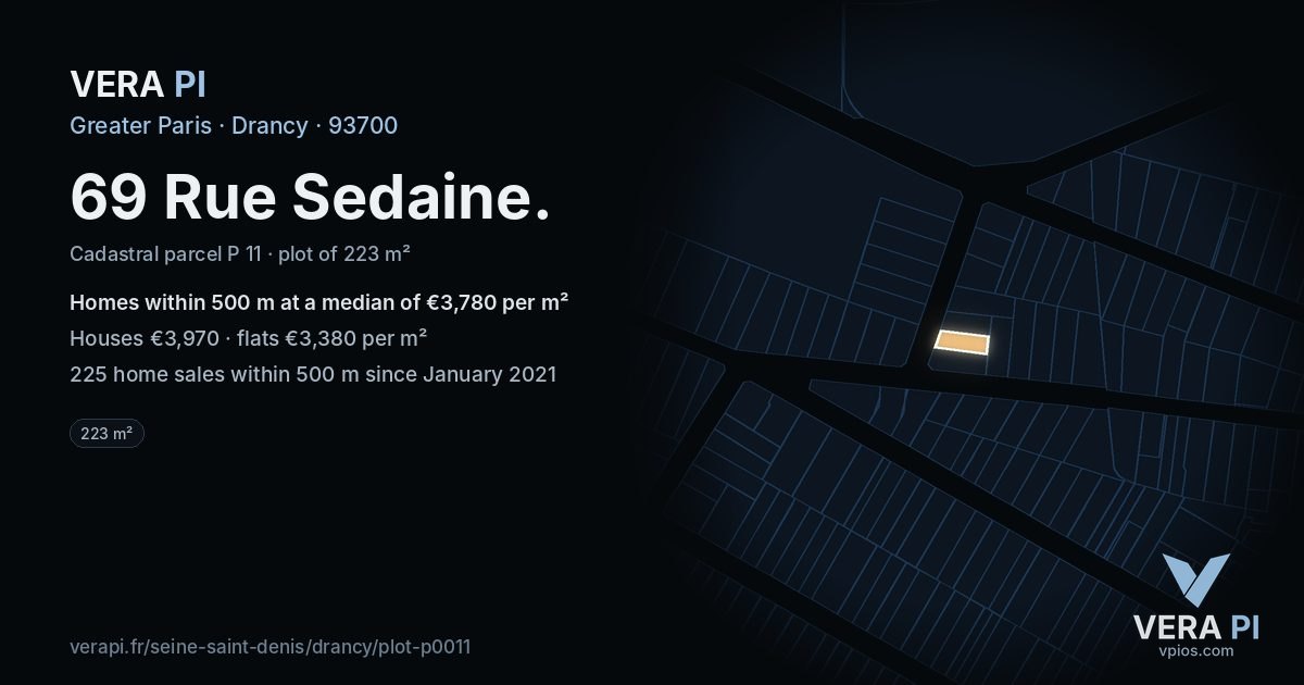 69 Rue Sedaine, Drancy at night – the plot lit, the parcels around coloured by the prices near them
