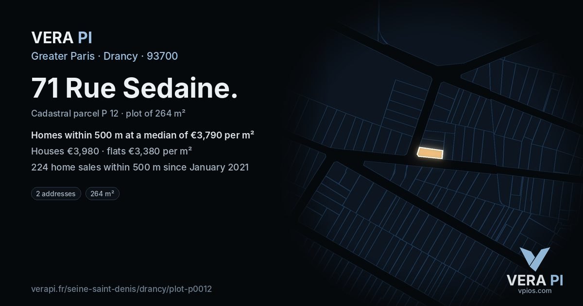 71 Rue Sedaine, Drancy at night – the plot lit, the parcels around coloured by the prices near them