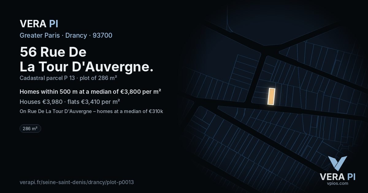 56 Rue De La Tour D'Auvergne, Drancy at night – the plot lit, the parcels around coloured by the prices near them