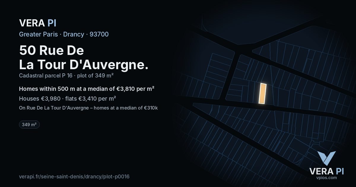 50 Rue De La Tour D'Auvergne, Drancy at night – the plot lit, the parcels around coloured by the prices near them