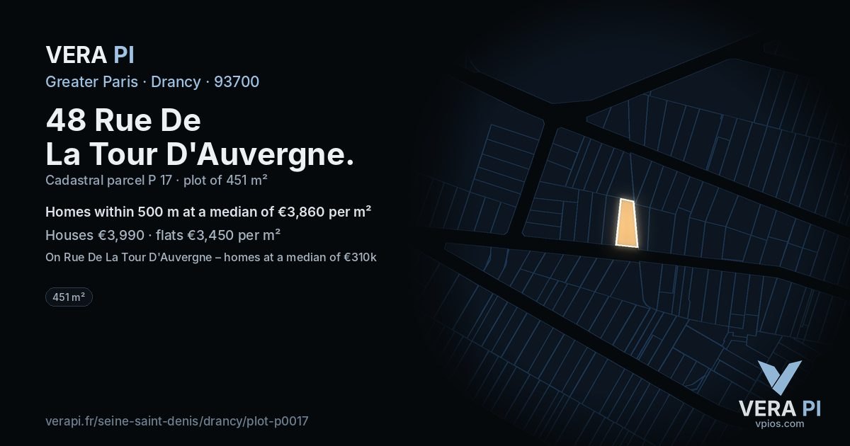 48 Rue De La Tour D'Auvergne, Drancy at night – the plot lit, the parcels around coloured by the prices near them