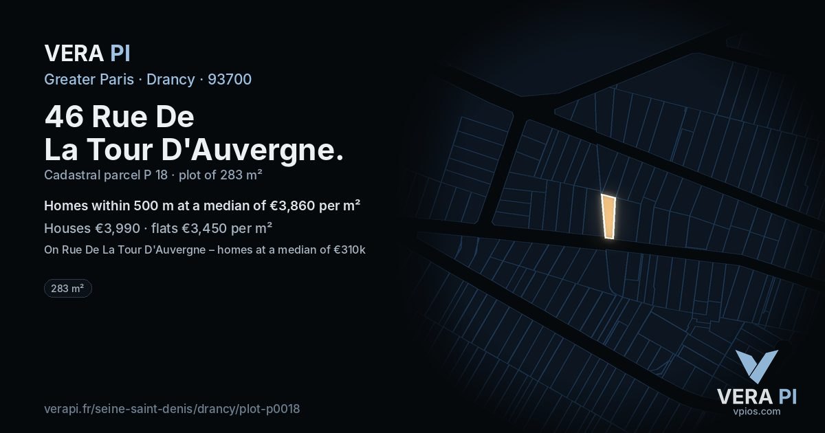46 Rue De La Tour D'Auvergne, Drancy at night – the plot lit, the parcels around coloured by the prices near them