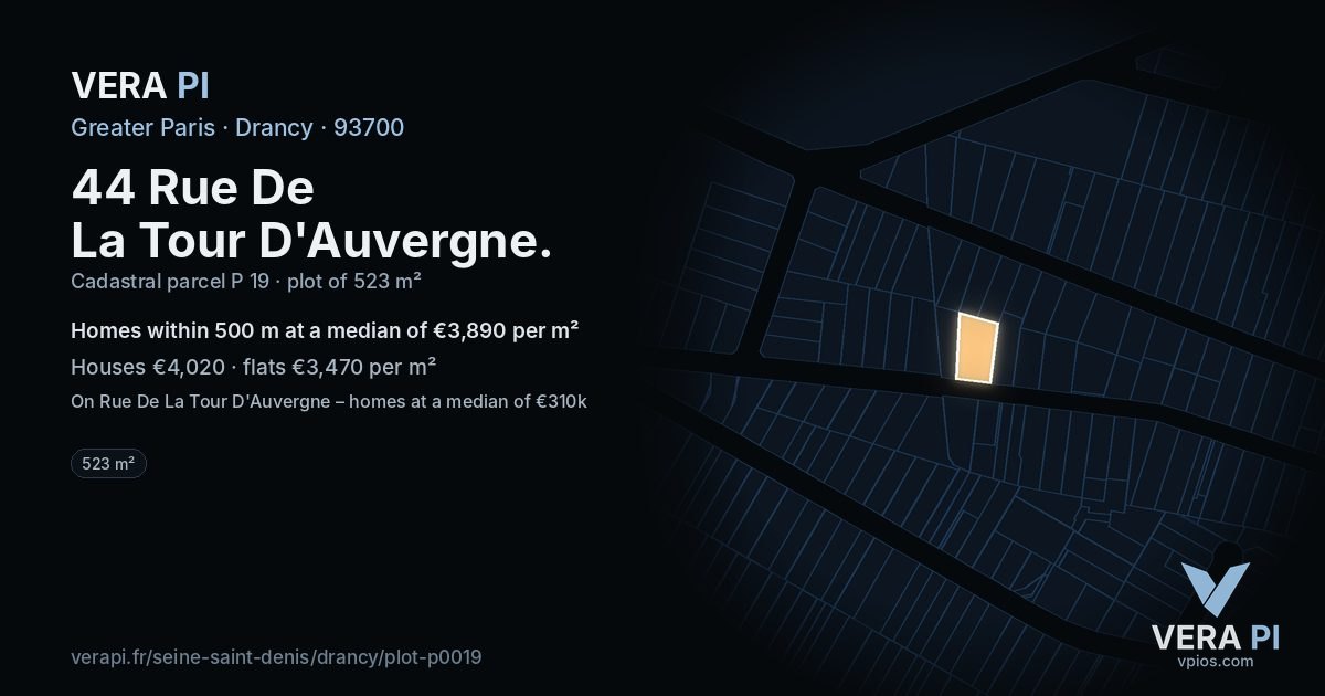 44 Rue De La Tour D'Auvergne, Drancy at night – the plot lit, the parcels around coloured by the prices near them