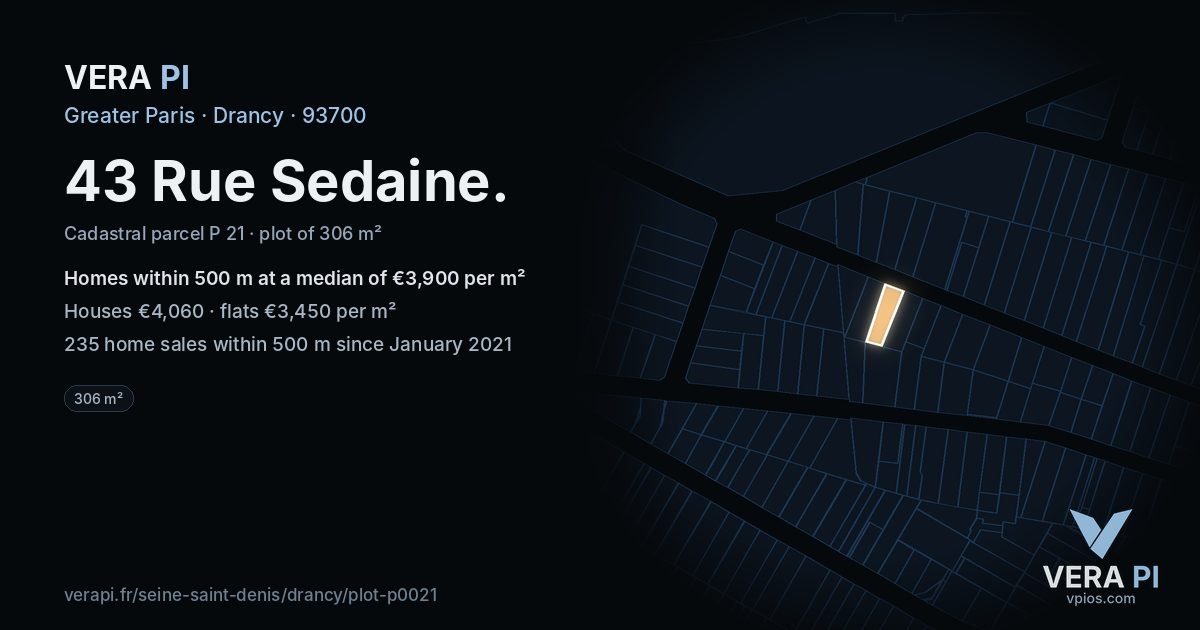 43 Rue Sedaine, Drancy at night – the plot lit, the parcels around coloured by the prices near them