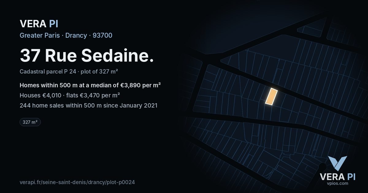 37 Rue Sedaine, Drancy at night – the plot lit, the parcels around coloured by the prices near them