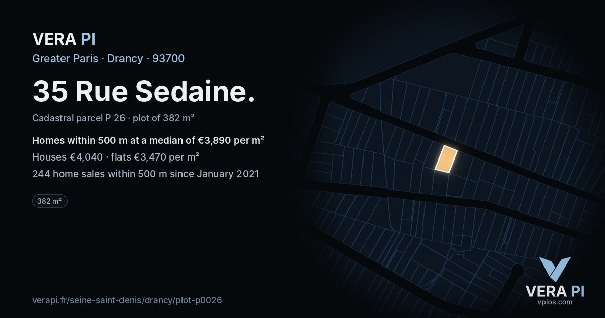 35 Rue Sedaine, Drancy at night – the plot lit, the parcels around coloured by the prices near them
