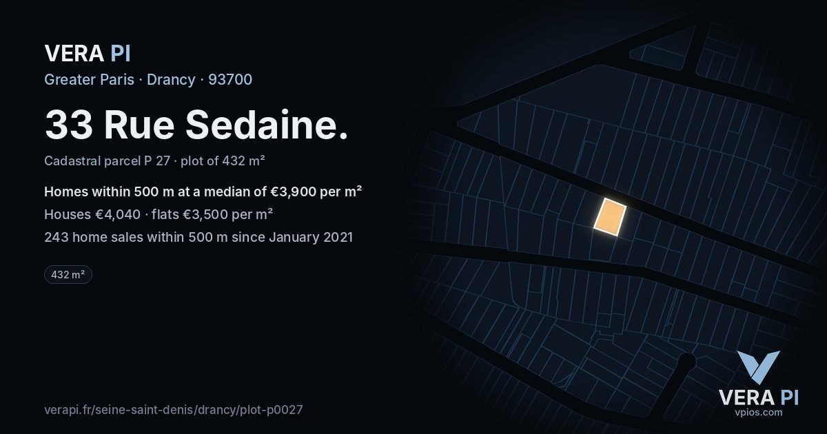 33 Rue Sedaine, Drancy at night – the plot lit, the parcels around coloured by the prices near them
