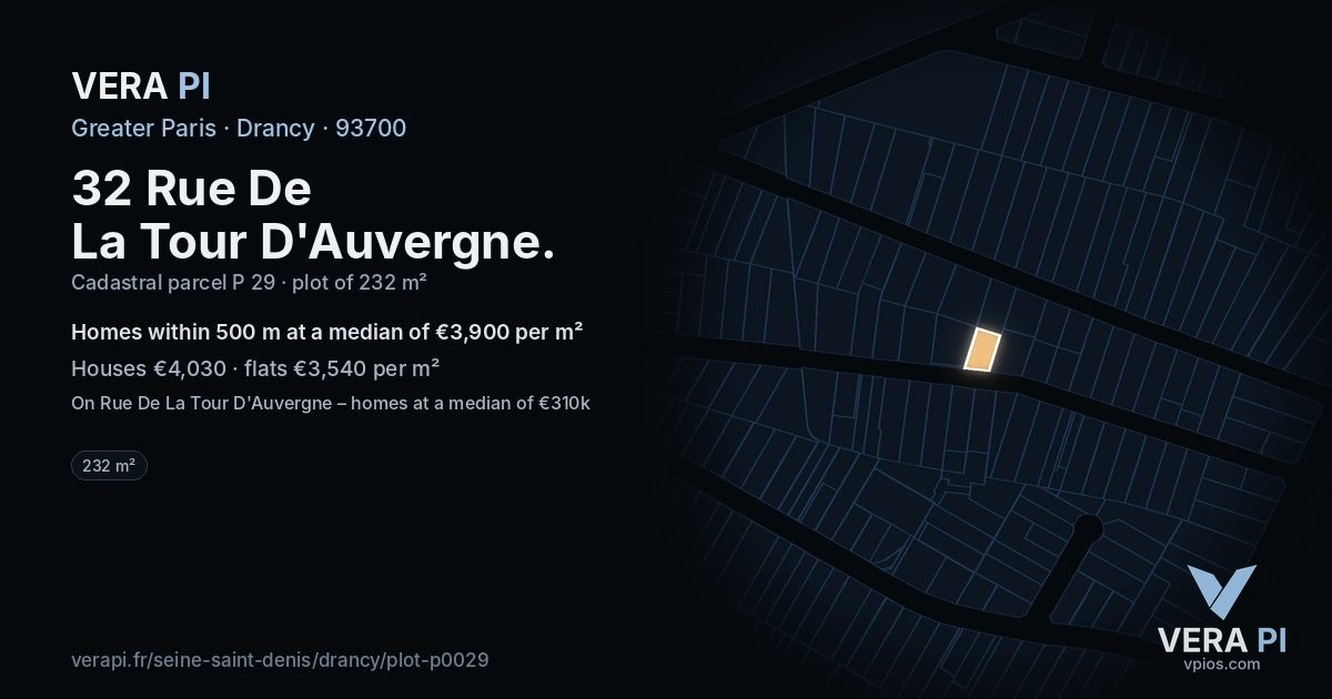 32 Rue De La Tour D'Auvergne, Drancy at night – the plot lit, the parcels around coloured by the prices near them