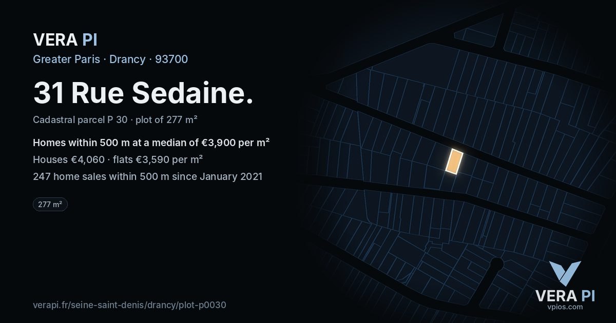 31 Rue Sedaine, Drancy at night – the plot lit, the parcels around coloured by the prices near them