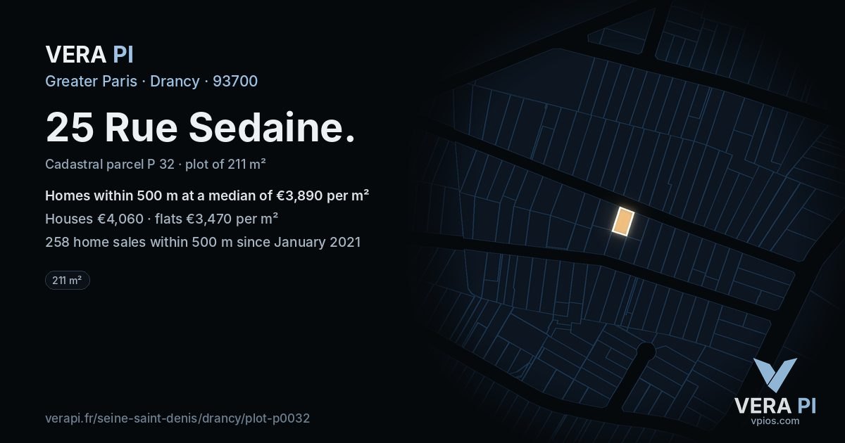 25 Rue Sedaine, Drancy at night – the plot lit, the parcels around coloured by the prices near them