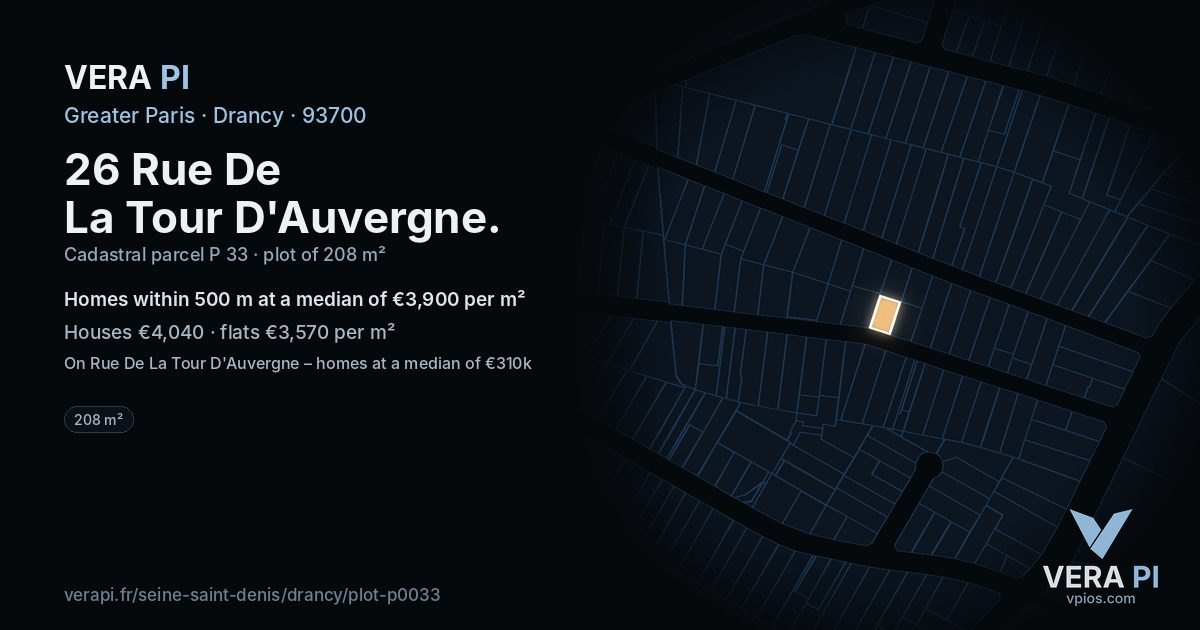 26 Rue De La Tour D'Auvergne, Drancy at night – the plot lit, the parcels around coloured by the prices near them