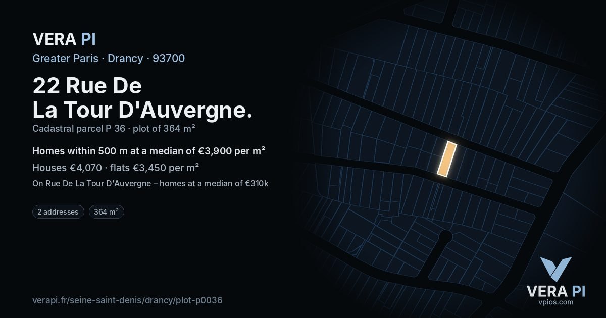 22 Rue De La Tour D'Auvergne, Drancy at night – the plot lit, the parcels around coloured by the prices near them