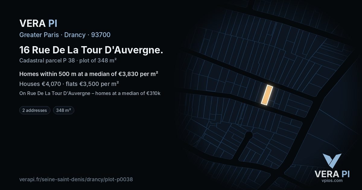 16 Rue De La Tour D'Auvergne, Drancy at night – the plot lit, the parcels around coloured by the prices near them