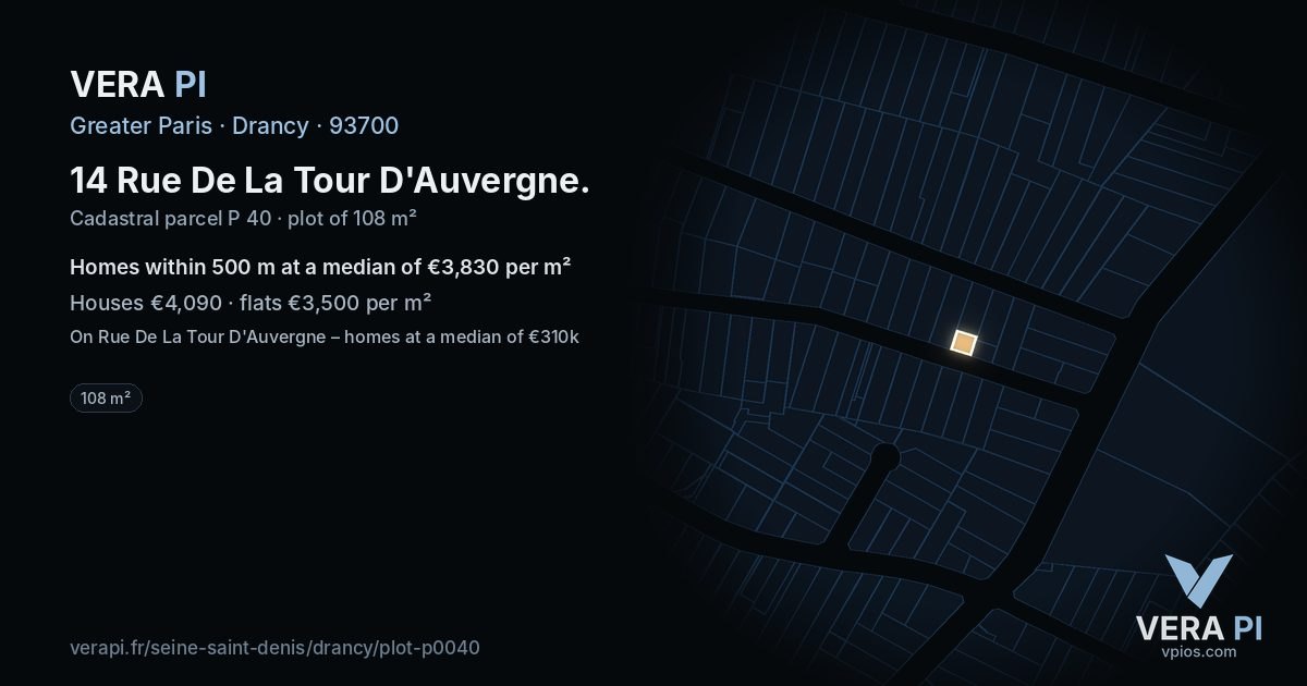 14 Rue De La Tour D'Auvergne, Drancy at night – the plot lit, the parcels around coloured by the prices near them