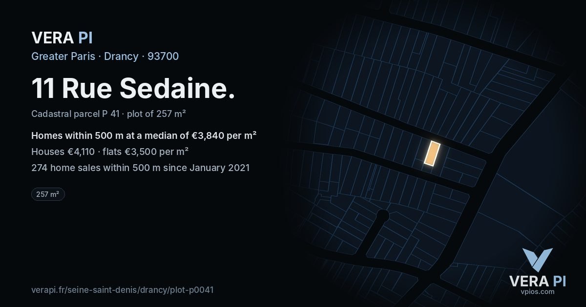 11 Rue Sedaine, Drancy at night – the plot lit, the parcels around coloured by the prices near them