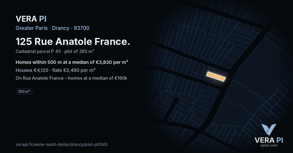 125 Rue Anatole France, Drancy at night – the plot lit, the parcels around coloured by the prices near them