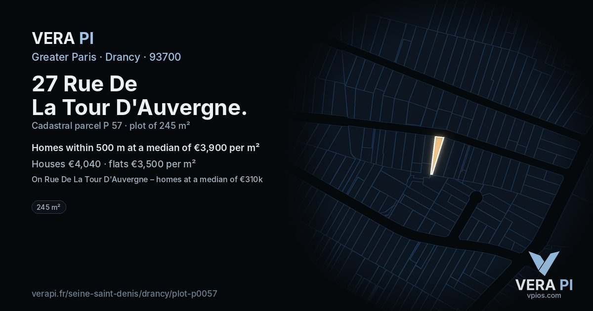 27 Rue De La Tour D'Auvergne, Drancy at night – the plot lit, the parcels around coloured by the prices near them