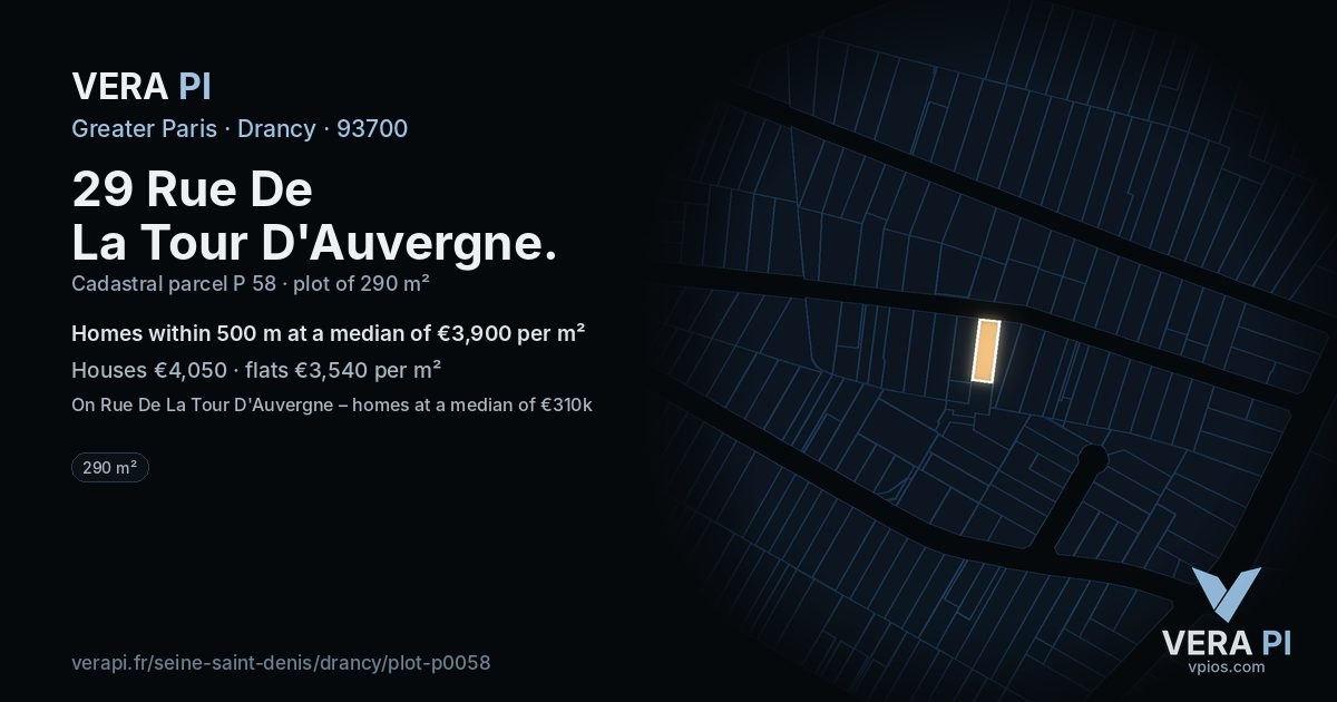 29 Rue De La Tour D'Auvergne, Drancy at night – the plot lit, the parcels around coloured by the prices near them